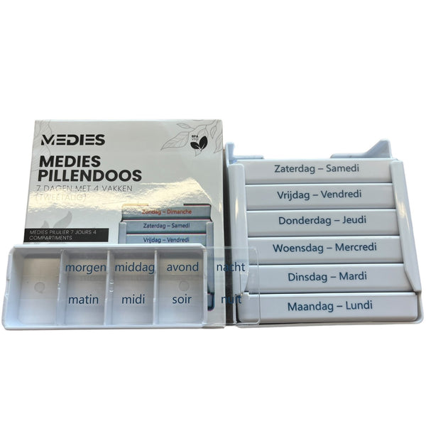 Pillendoos 7 Dagen (4 Vakken) - Week Pillendoosje met Schuifdeksel - Nederlands/Frans - Boite à pilules 7 jours – Medies®