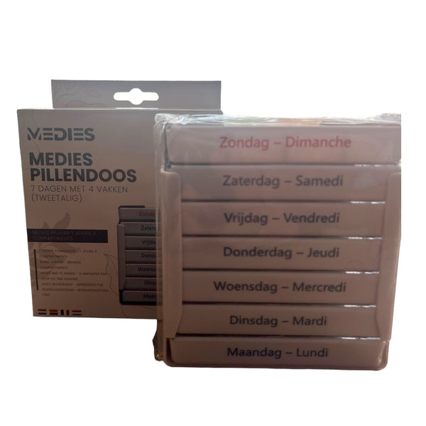 Pillendoos 7 Dagen (4 Vakken) - Week Pillendoosje met Schuifdeksel - Nederlands/Frans - Boite à pilules 7 jours – Medies®