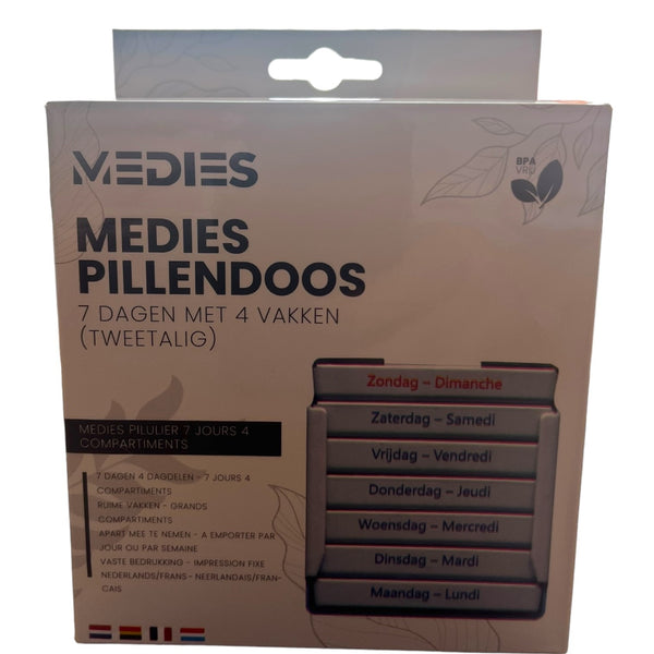 Pillendoos 7 Dagen (4 Vakken) - Week Pillendoosje met Schuifdeksel - Nederlands/Frans - Boite à pilules 7 jours – Medies®