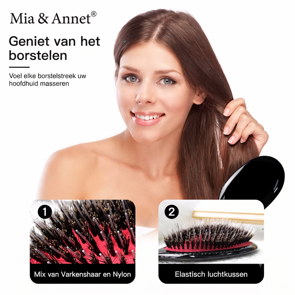 Luxe Antiklit Haarborstel - Varkenshaar & Nylon Pinnen - Pijnloos Ontklitten en Extra Glans – Mia & Annet®