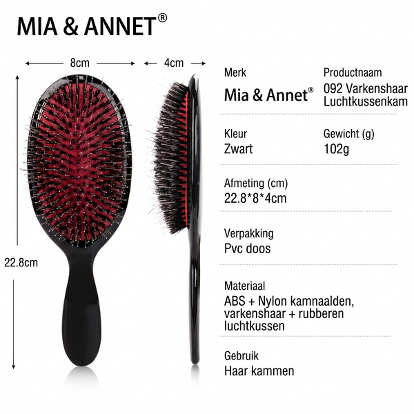 Luxe Antiklit Haarborstel - Varkenshaar & Nylon Pinnen - Pijnloos Ontklitten en Extra Glans – Mia & Annet®