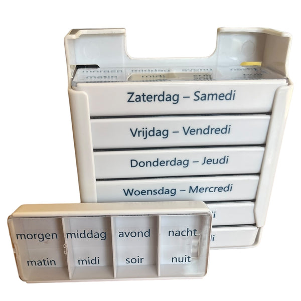 Pillendoos 7 Dagen (4 Vakken) - Week Pillendoosje met Schuifdeksel - Nederlands/Frans - Boite à pilules 7 jours – Medies®