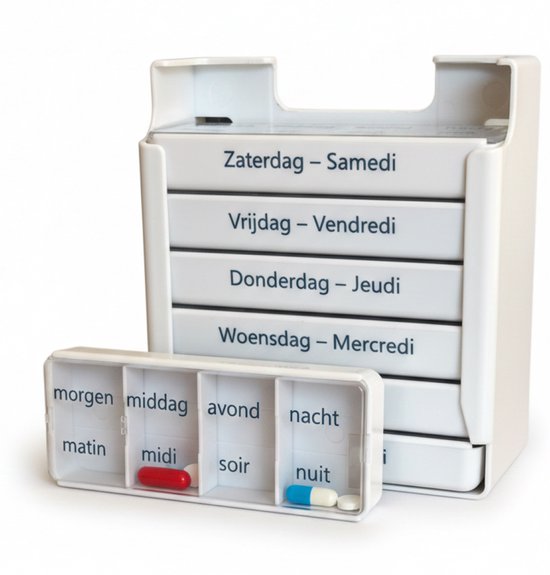 Pillendoos 7 Dagen (4 Vakken) - Week Pillendoosje met Schuifdeksel - Nederlands/Frans - Boite à pilules 7 jours – Medies®