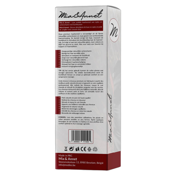 Luxe Antiklit Haarborstel - Varkenshaar & Nylon Pinnen - Pijnloos Ontklitten en Extra Glans – Mia & Annet®