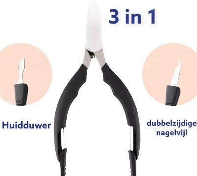 Medies - 3 in 1 nageltang met nagelvijl en huidduwer in de handvaten  Deze unieke en nieuwe nageltang is perfect om ingegroeide, zware of harde teennagels mee te knippen. In de zachte rubberen handvaten zitten op een handige manier een huidduwer en dubbelzijdige nagelvijl verscholen. Dankzij deze complete oplossing heeft u altijd al uw nagelverzorgingsmateriaal bij de hand.