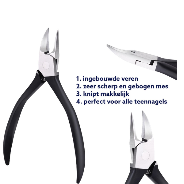 Deze nageltang heeft een scherpe, gebogen bek, waardoor alle randen perfect bereikbaar zijn. Dankzij de ingebouwde knipveer is weinig kracht nodig om uw nagels te knippen. De rubberen handgreep zorgt voor een uitstekende grip.